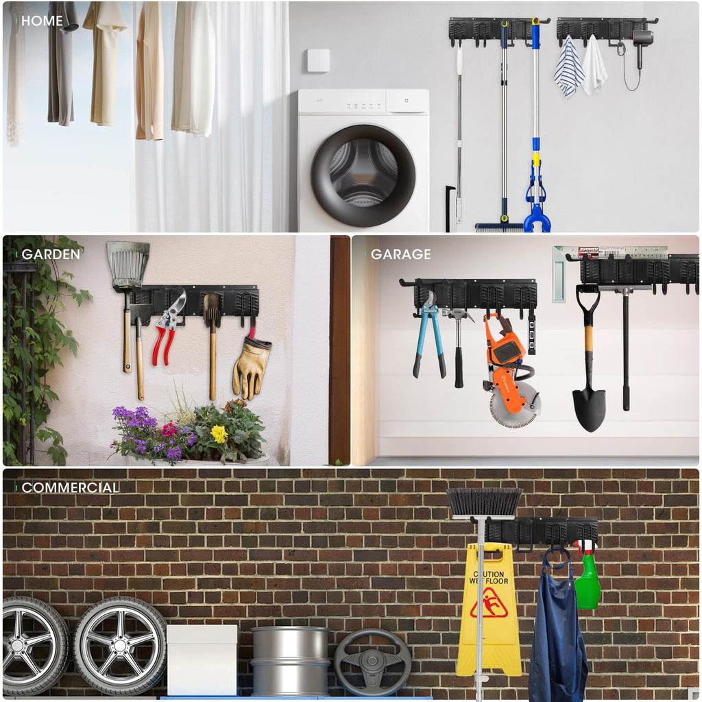 Garage Tool Organizer Wall Mount, Heavy Duty Garage Organization Tool Storage Utility Rack, Sturdy Storage Rack Hanger with Adjustable Hooks, Garden Tool Organizer for Shovel, Rake, Folding Chair