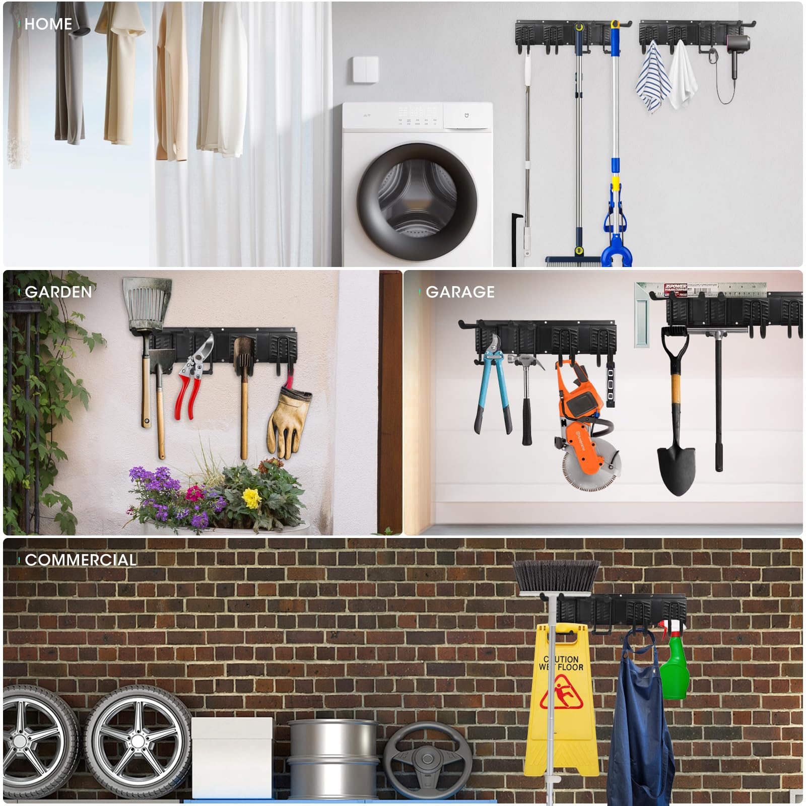 Garage Tool Organizer Wall Mount, Heavy Duty Garage Organization Tool Storage Utility Rack, Sturdy Storage Rack Hanger with Adjustable Hooks, Garden Tool Organizer for Shovel, Rake, Folding Chair