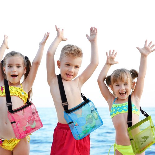 4 Pieces Mesh Beach Bag Colorful Sand Toy Seashell Collecting Bag Adjustable Kids Quick Dry Net Tote for Seashell Collecting Sand Toy Swimming Accessories Gift for Boys and Girls