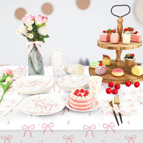 Maniaacer 2 PCS Pink Bow Tablecloth Bow Theme Plastic Table Cover Rectangle Coquette Disposable Party Tablecloth for Women Girls Birthday Bridal Bachelorette Party Decor