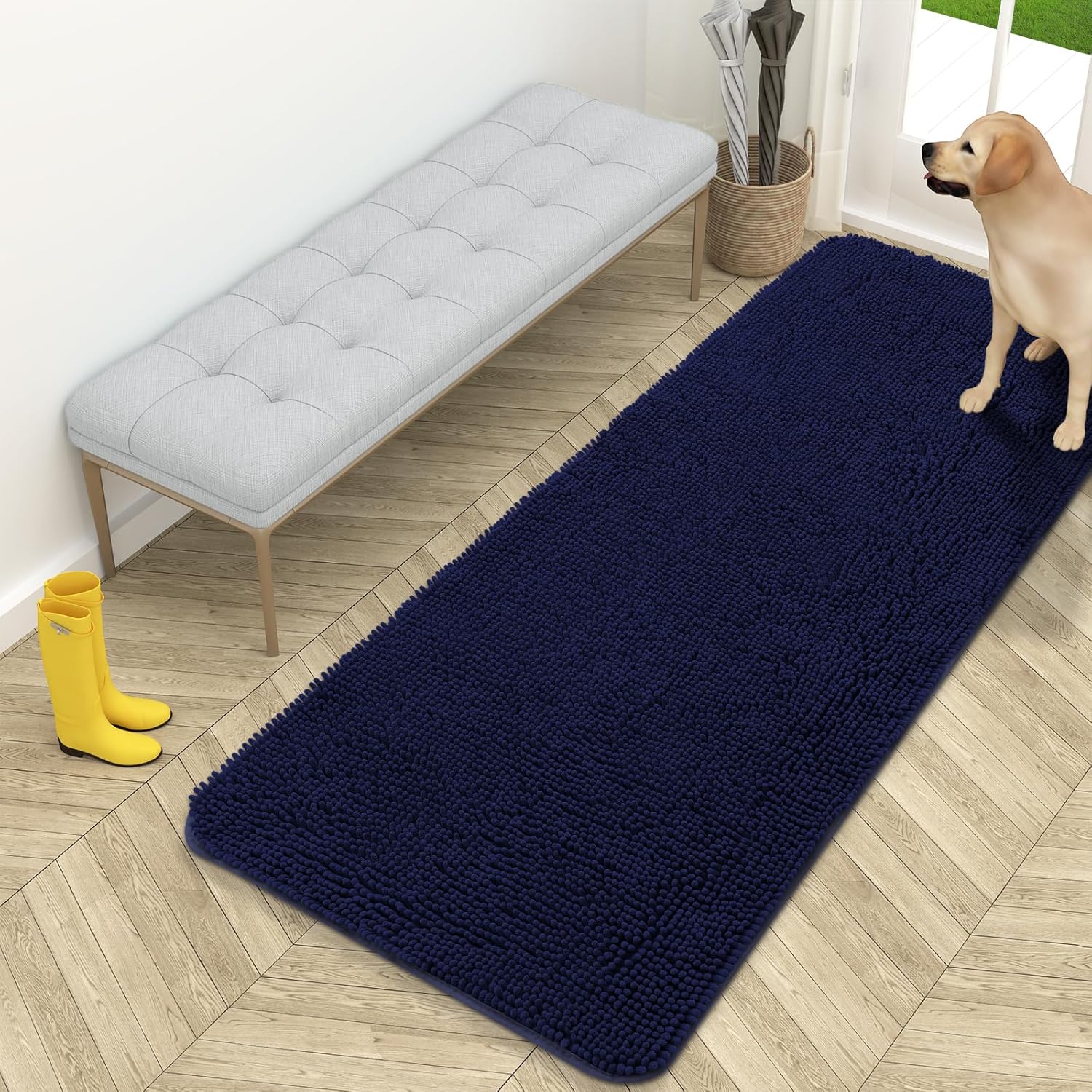 OLANLY Dog Door Mat - Absorbent Non-Slip Chenille for Muddy Paws | 59x24 Inches, Navy Blue