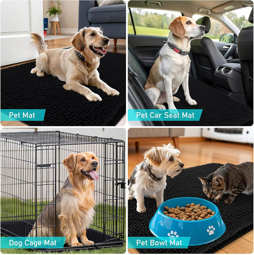 OLANLY Dog Door Mat - Absorbent Non-Slip Chenille Mat for Muddy Paws | 59x20 Inches, Quick Dry, Black