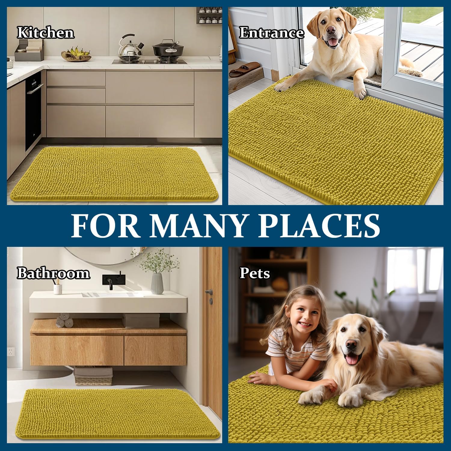 OLANLY Dog Door Mat - Absorbent Non-Slip Washable Doormat for Muddy Paws | 30x20 Mustard Yellow