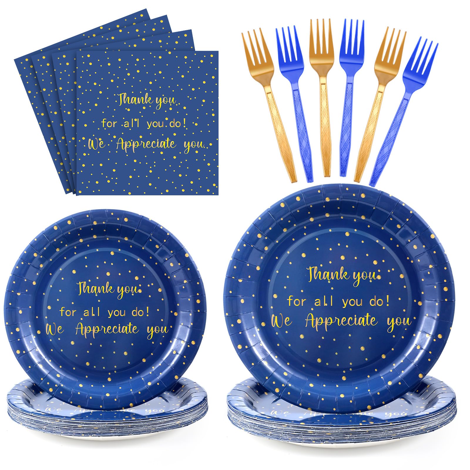Geyoga 96 Pcs We Appreciate You Decoration Teacher Graduation Plate and Napkin Employee Appreciation Party Decorations Nurses Week 2026 Tableware for Principal Volunteer Staff(Blue and Gold,Thankful)