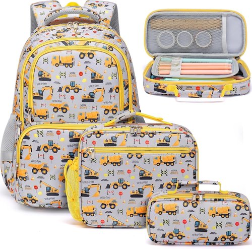 Fimibuke Kids Backpack Set - 3PCS Waterproof School Bag with Lunch Box & Pencil Case for Boys Ages 3-12 | Trucks Design