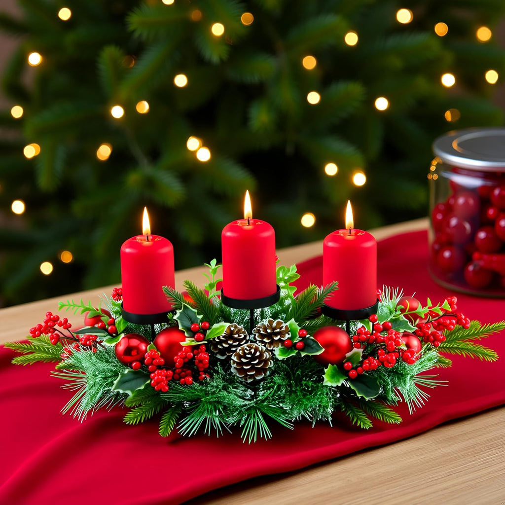 YULETIME 28" Christmas Triple Candelabrum - Festive Candle Holder with Red Baubles & Natural Pine Decor