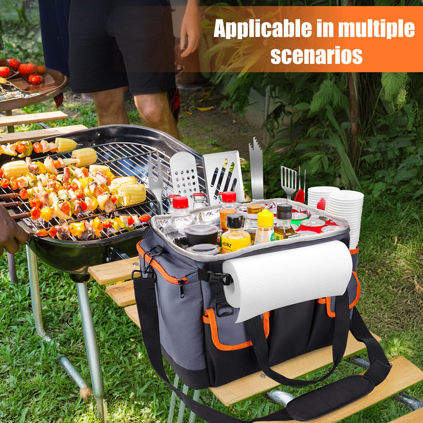 Homyplaza Large BBQ Grill Caddy with Paper Towel Holder, Foldable Insulated Picnic Organizer Bag for Outdoor Grilling, Tailgating, Camping, RV Trips, Must-Have Storage for Cooking Tools Supplies