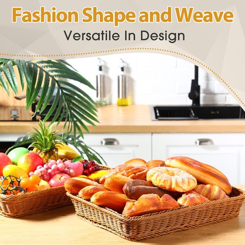 Eccliy 6 Pack Poly Wicker Bread Baskets 19 Inch Imitation Rattan Serving Trays for Bread Snacks Fruit Vegetables Tabletop Display Basket for Kitchen Restaurant Home Hotel