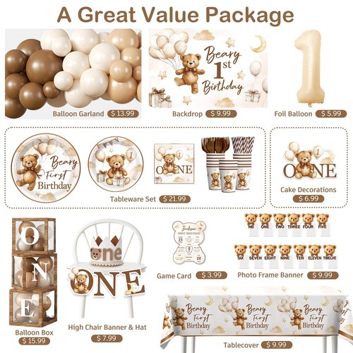 cocomigo 238 PCS Beary First Birthday Decorations, All-in-One Brown Bear Party Pack Service 20, With Banners, Backdrop, Cake Topper, Balloons, Plates and Napkins for Beary 1st Birthday Party