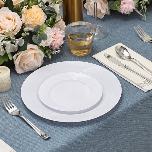 VajilaPhil 350-Piece White Swirls Plastic Dinnerware Set for 50 Guests, Elegant Disposable Dinnerware for Party, Wedding. Includes 10.25" Dinner Plates, 6.5" Dessert Plates, Silverware, Napkins, Cups