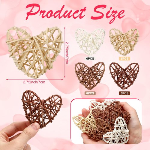 Vercraft 24 Pcs Neutral Valentine's Day Heart Rattan Ornaments 2.75 Inch Valentine Wicker Rattan Heart DIY Farmhouse Vase Bowl Fillers for Valentines Wedding Xmas Tree Ornament Baby Shower Party Decor