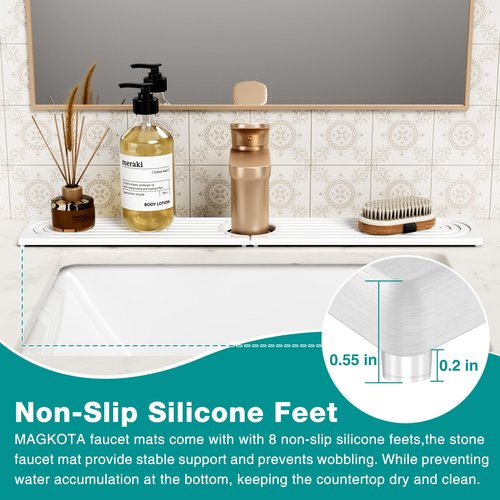 MAGKOTA Stone Faucet Mat for Kitchen Sink - Quick Dry Diatomite Sink Splash Guard, Prevents Moisture Buildup & Water Stains, Water Absorbing Stone Tray for Bathroom Countertop (White, 23.6" x 4")
