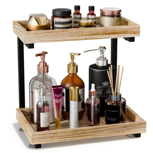 2-Tier Wooden Bathroom Countertop Organization, Vanity Organizers and Storage for Makeup, Perfume & Skincare, Anti-Slip Counter shelf with Embedded Screw Holes for Bathroom, Kitchen (Light Brown)