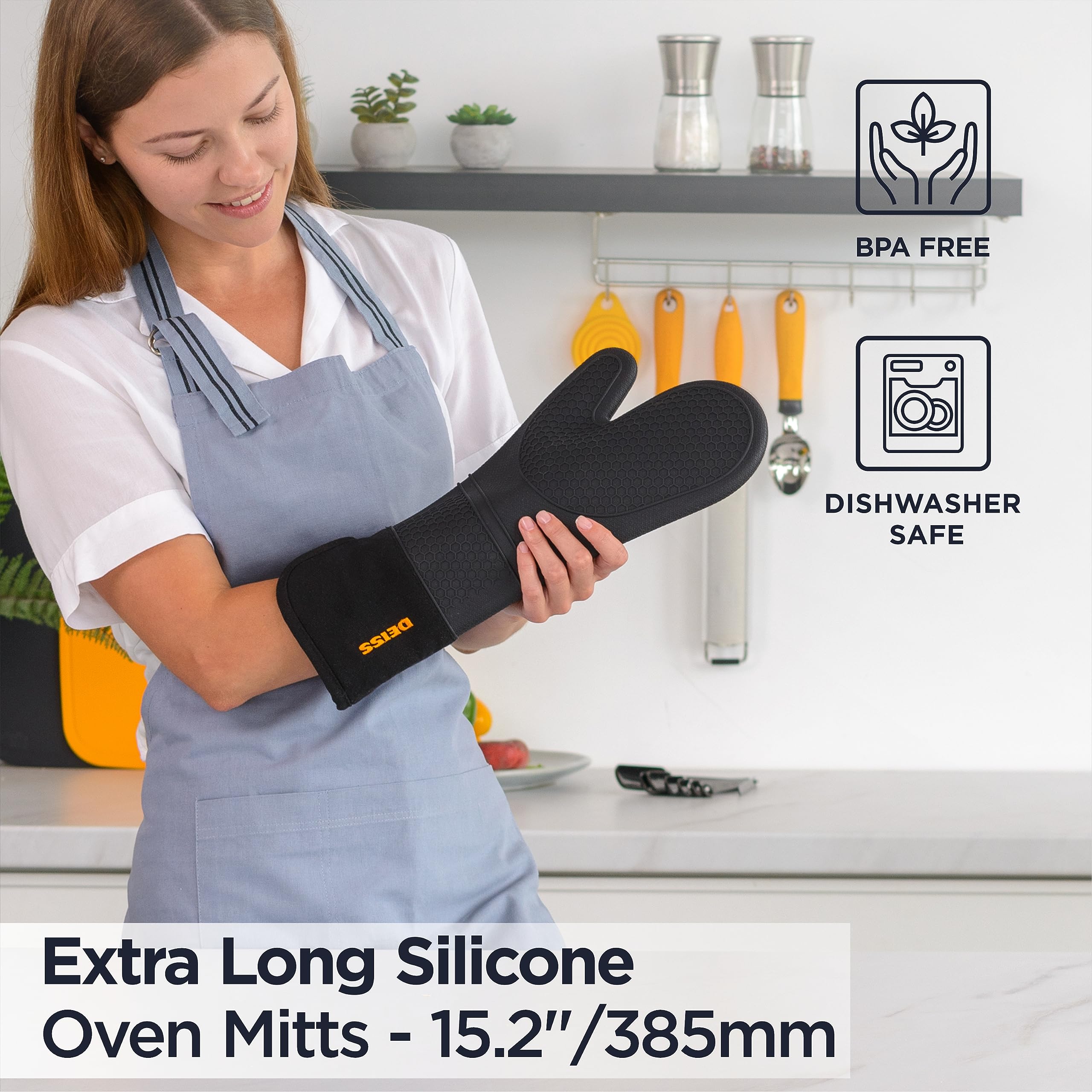Deiss PRO Heat and Stain Resistant Silicone Oven Mitts Set, Soft Cotton Lining BBQ Gloves, Waterproof, Extra Long Flexible Thick Kitchen Mitts for Cooking, Non-Slip Grip Oven Gloves