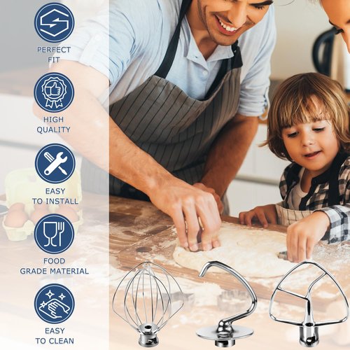 Stainless Steel Attachments for Kitchen Aid 4.5-5 QT Tilt-Head Stand Mixers,3-Piece Mixers Accessories with K45WW Wire Whip, K45DH Dough Hook, K45B Flat Blade Paddle by TOMOON