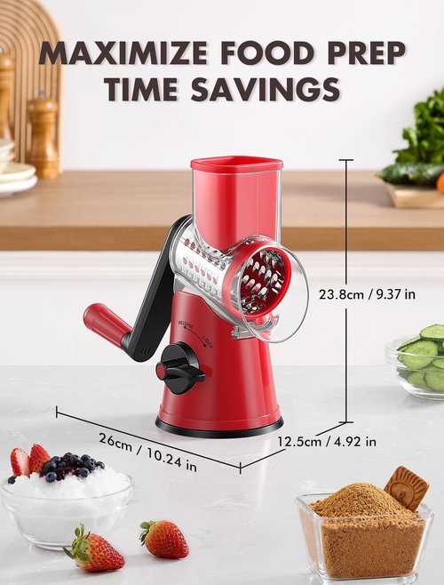 GDL Rotary Cheese Grater Hand Crank with 5 Interchangeable Blades - Upgraded Cheese Shredder Featuring Strong Suction Base for Cheese Shredding, Wavy Slicing, Nut Grinding, Ice Shaving