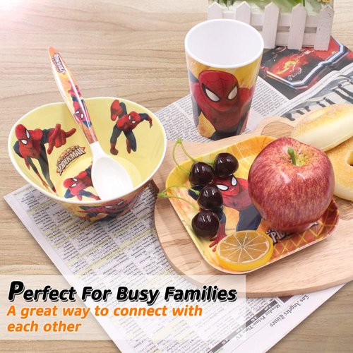 4 Pcs Set Cartoon Durable Tableware Meal Dishes Mealtime Food Feeding Eating Set includes Dinner Serving Bowl Plate Cup with a Matching Spoon and Fork