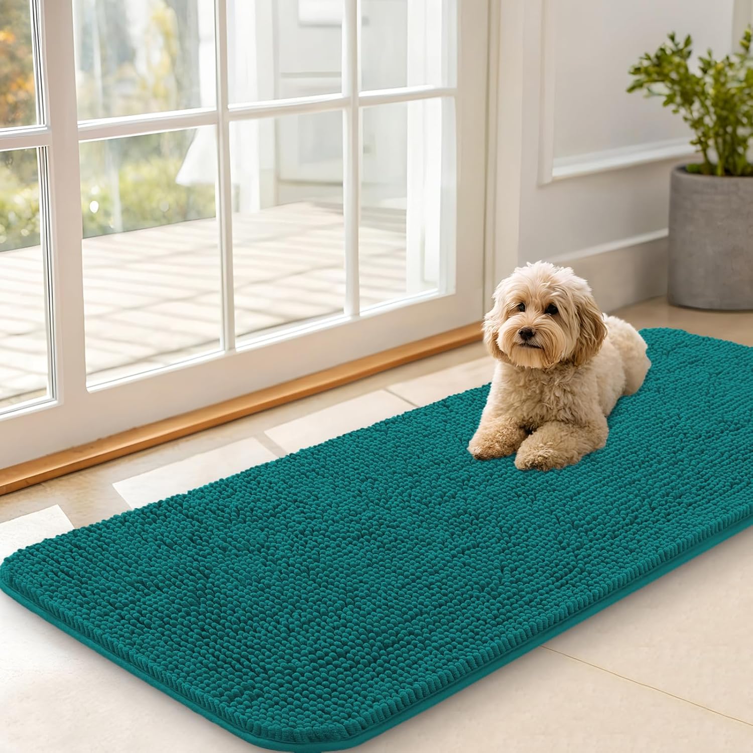 OLANLY Dog Door Mat - Absorbent Non-Slip Chenille for Muddy Paws | 47x20 Inches, Quick Dry, Lake Blue