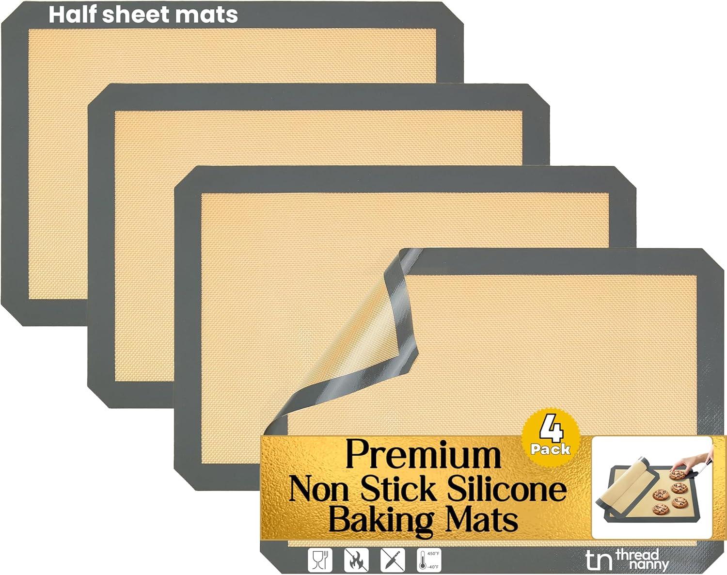 Skiennix Silicone Baking Mats - Non-Stick, Reusable 4-Pack | Heavy Duty Half Sheet for Macarons & Pastries