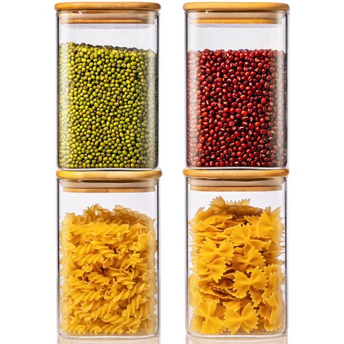 42oz - 4 Pack Square Glass Jars with Bamboo Lids, Glass Food Storage Containers with Airtight Lids for Kitchen, Air Tight Pantry Storage Containers for Cereal, Pasta, Rice, Sugar, Coffee, Spice