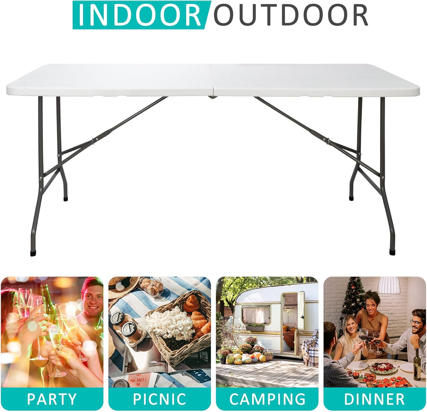 Super Deal 6FT Folding Table - Portable Heavy-Duty Plastic Dining & Picnic Table with Carrying Handle