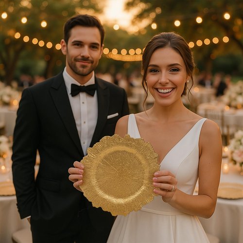 JEVERGN 24 Pack Gold Charger Plates, 13'' Reef Chargers for Dinner Plates, Gold Plate Chargers Set of 24, Round Plastic Charger for Wedding, Party Event, Dinner, Table Setting