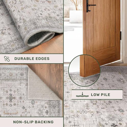 Hazo Haus Light Gray Kitchen Rug - Modern Boho Floral Design | Washable Non-Slip 10 ft Runner