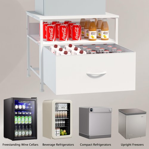 Unionly180 lb Mini Fridge Table with Drawer Fridge Shelf, Mini Fridge Cabinet with Storage,Heavy Duty Fridge Standwith Charging Station, 4 Adjustable Feet for Home Kitchen (White)