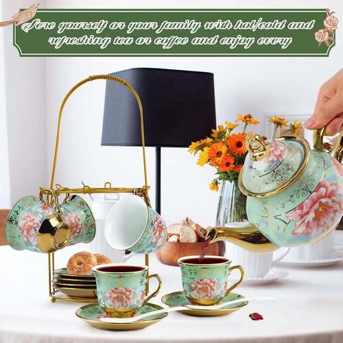 20 Pcs Porcelain Tea Set with Metal Holder and Spoon, European Ceramic Tea Set for Adults, European Flower Painting Teapot Cup Saucer Spoon Set for 6, Gift Pack