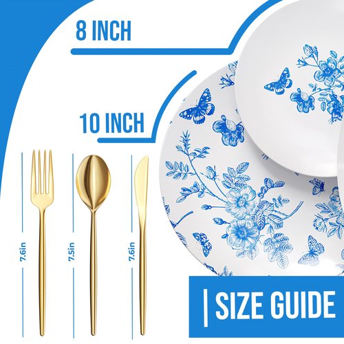 Trendables Fancy Plastic Dinnerware Sets 100 Pc Set 20 Guests Gold Silverware Disposable 20 X 10 Inch Charger Plates 20 X 8 Inch Dessert Plates 20 x Gold Plastic Forks and Spoons Knives In Botanical