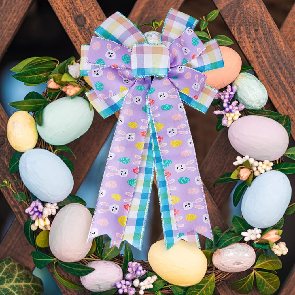 SIMISI Ribbon Easter Wreath Bow - Large Burlap Wired Bow with Bunny Eggs | Perfect for Door & Party Decor (11x17.7 Inch)