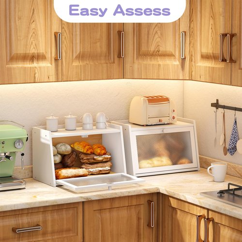 Wieghda Large Farmhouse Bread Box with Window -White Natural Wood Bread Storage Container for Kitchen Countertop
