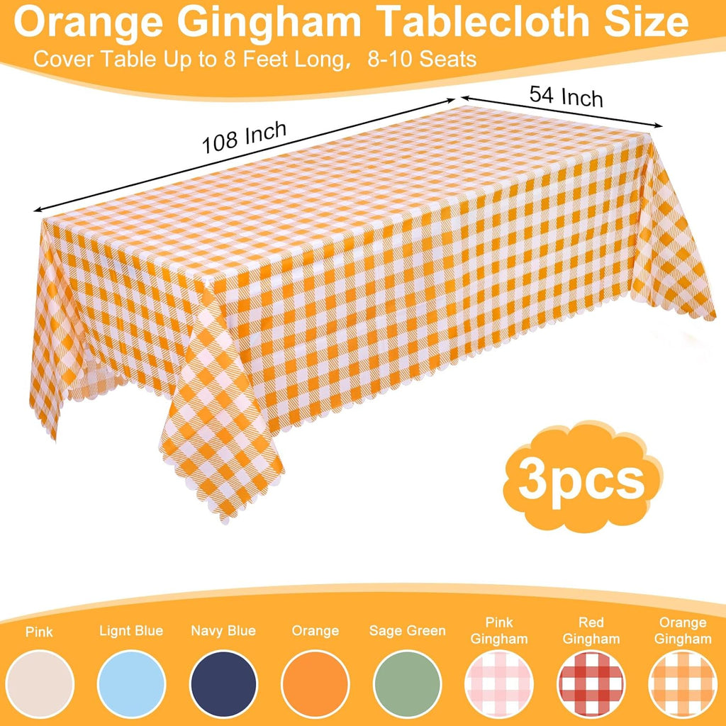 Skiennix Orange Gingham Tablecloth - 54" x 108" Waterproof Disposable Checkered Cover for Parties & Events