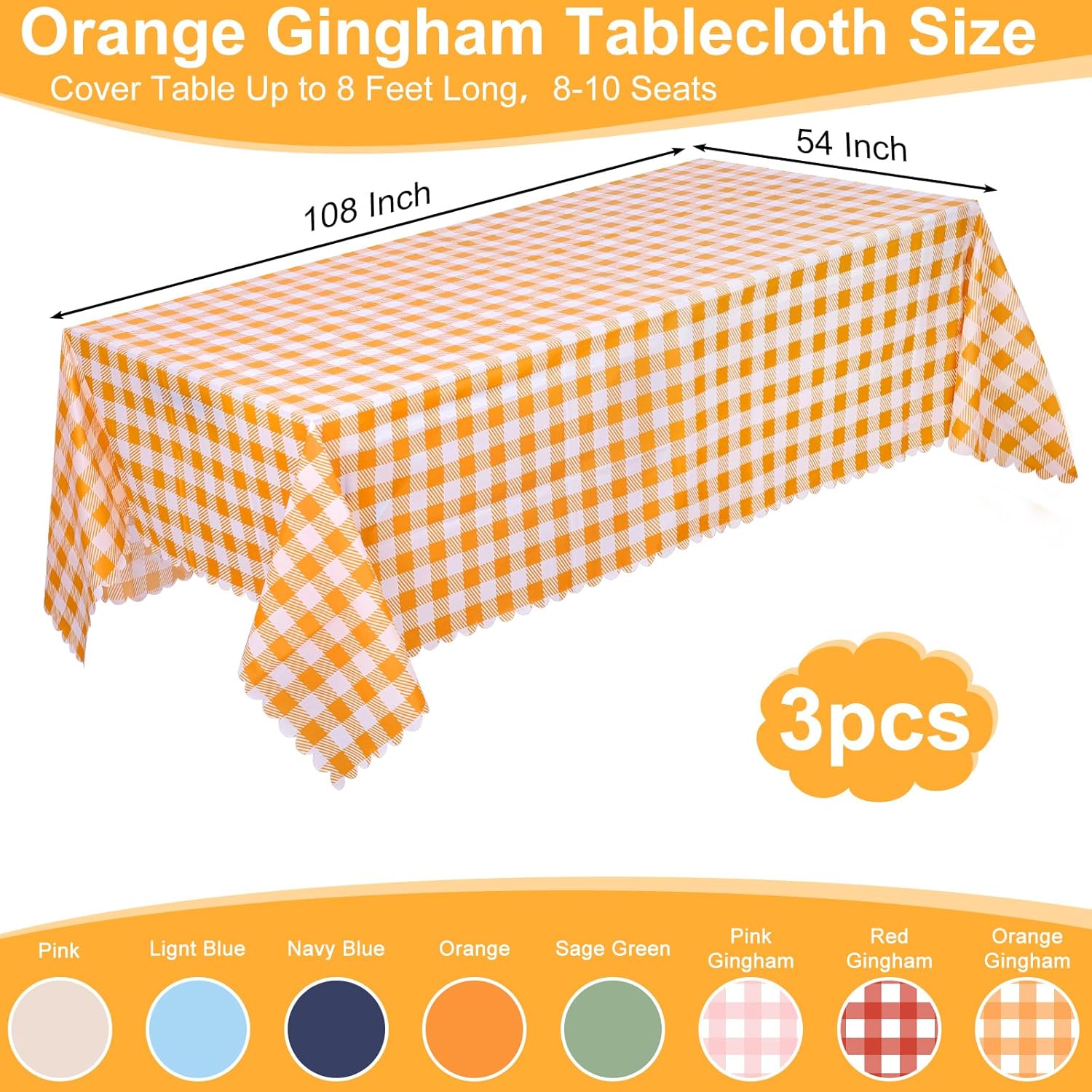Skiennix Orange Gingham Tablecloth - 54" x 108" Waterproof Disposable Checkered Cover for Parties & Events