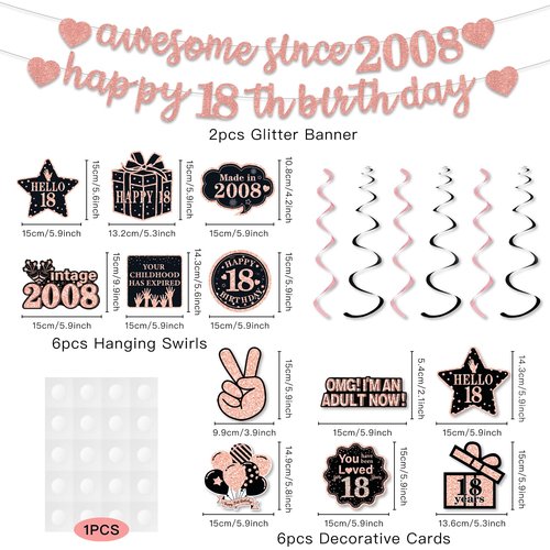 Pre-Strung 18th Birthday Banner Decorations for Girls, Glitter Happy 18th Birthday Decor, Rose Gold Eighteen Years Bday Hanging Swirls Party Supplies