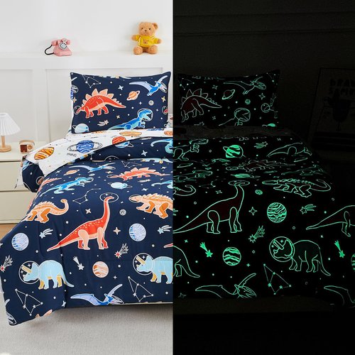 NTBED Dinosaur Kids Comforter Set Twin Size 5 Pieces Bed in A Bag for Boys Girls,Glow in The Dark Space Planet Bedding Set with Sheet