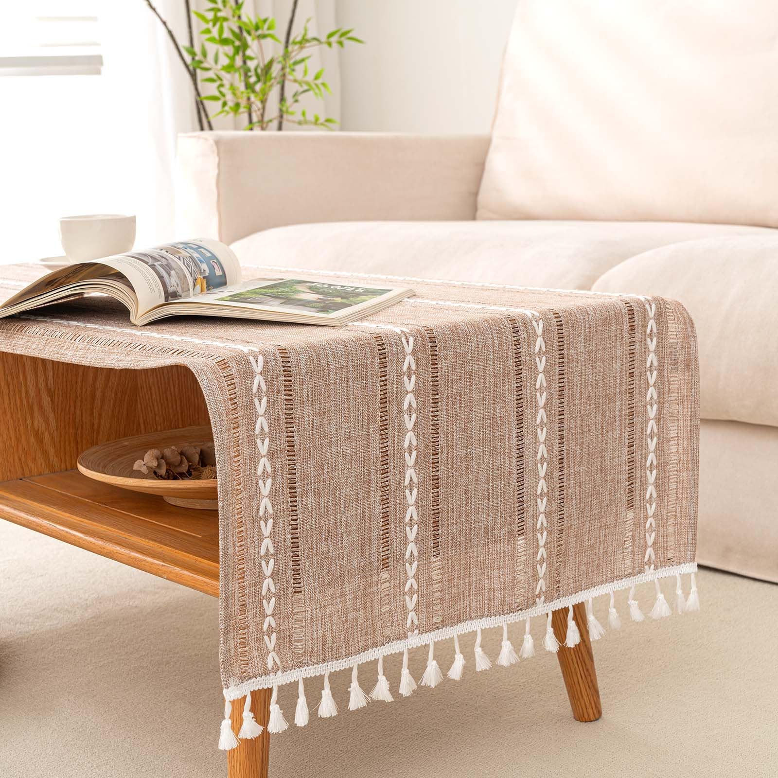 SIELUNO Linen Coffee Table Cloth, Rustic Farmhouse Coffee Table Cover for Living Room Tea Table Washer Dryer Fridge Top Dust Cover-Hollow Light Coffee-20x60inch