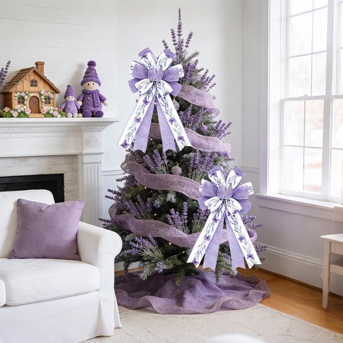 Craflox Spring Summer Lavender Bow Decorations, 2 Pcs Lavender Butterfly Bows for Wreaths, Spring Summer Purple Bow Ornaments for Tree, Spring Tree Topper Bows