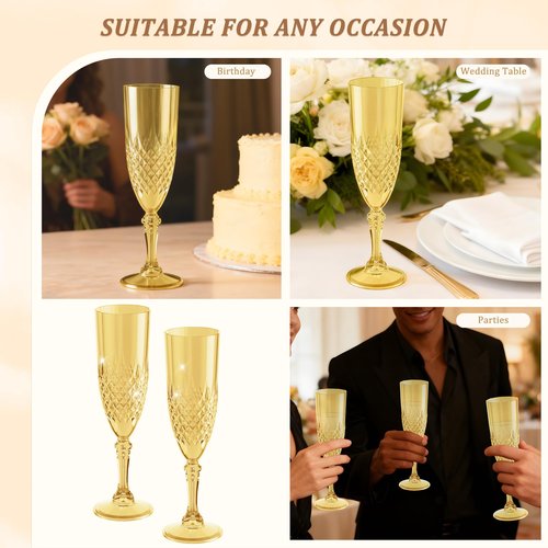 HTTBEIZI Plastic Champagne Flutes 7oz, Reusable Drinking Glasses Cups Goblets Shatterproof Unbreakable, for Wedding Party Mimosa Bar Easter (48, Gold)