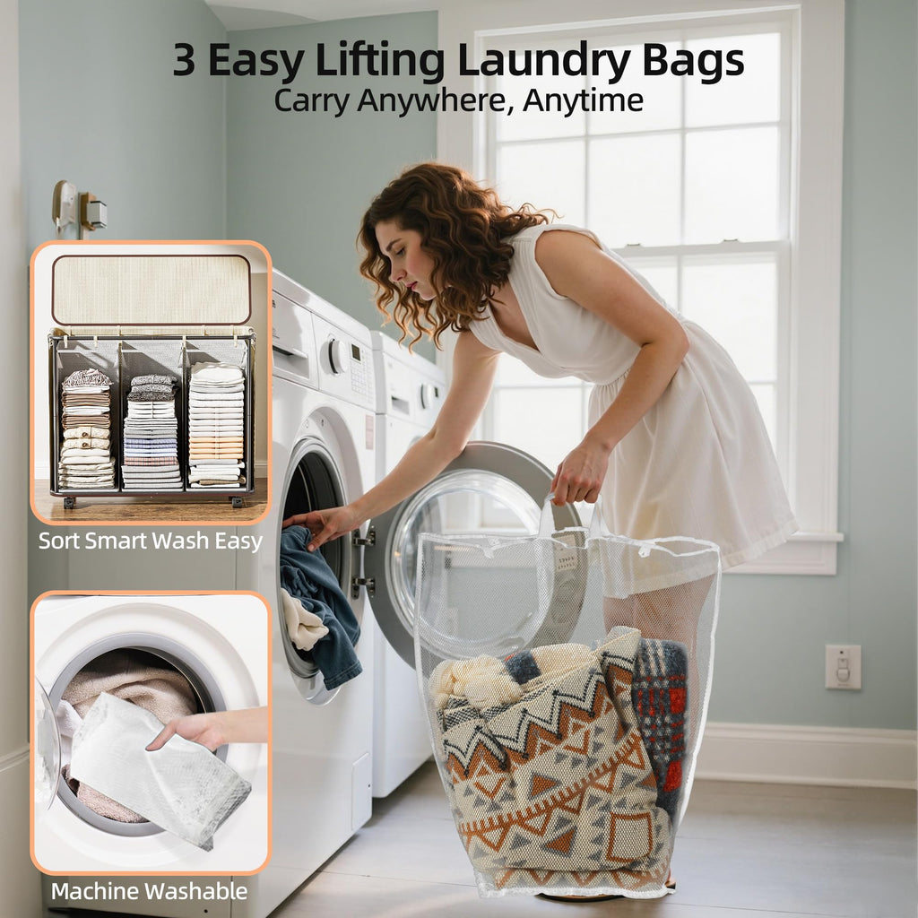 Yecaye 180L Laundry Basket With Lid and Removable 3 Bags, Large Rolling Laundry Hamper with Lid, 3 Section Rolling Clothes Storage With Wheels, Clothes Hamper with Wheels For Laundry Room, Grey
