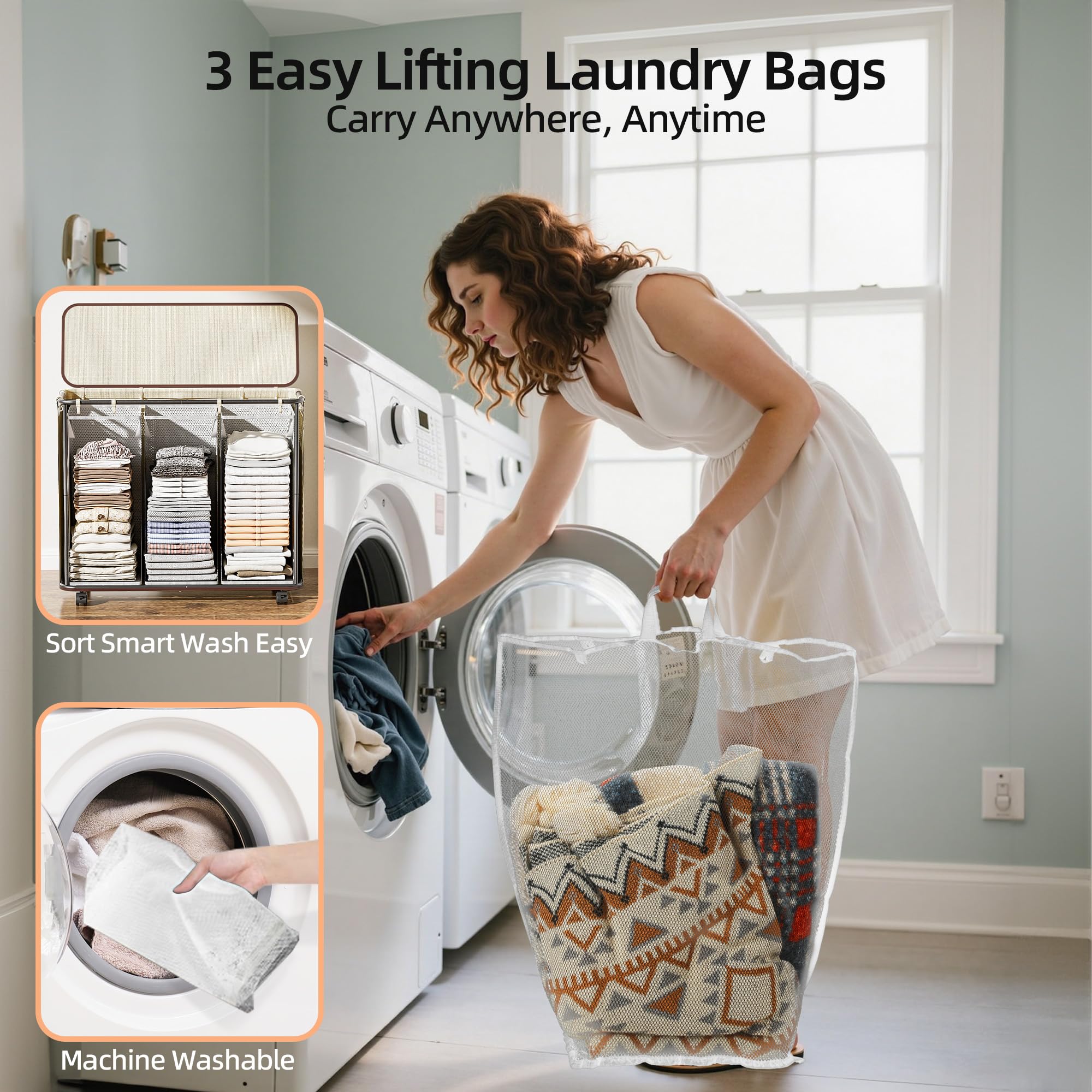Yecaye 180L Laundry Basket With Lid and Removable 3 Bags, Large Rolling Laundry Hamper with Lid, 3 Section Rolling Clothes Storage With Wheels, Clothes Hamper with Wheels For Laundry Room, Grey