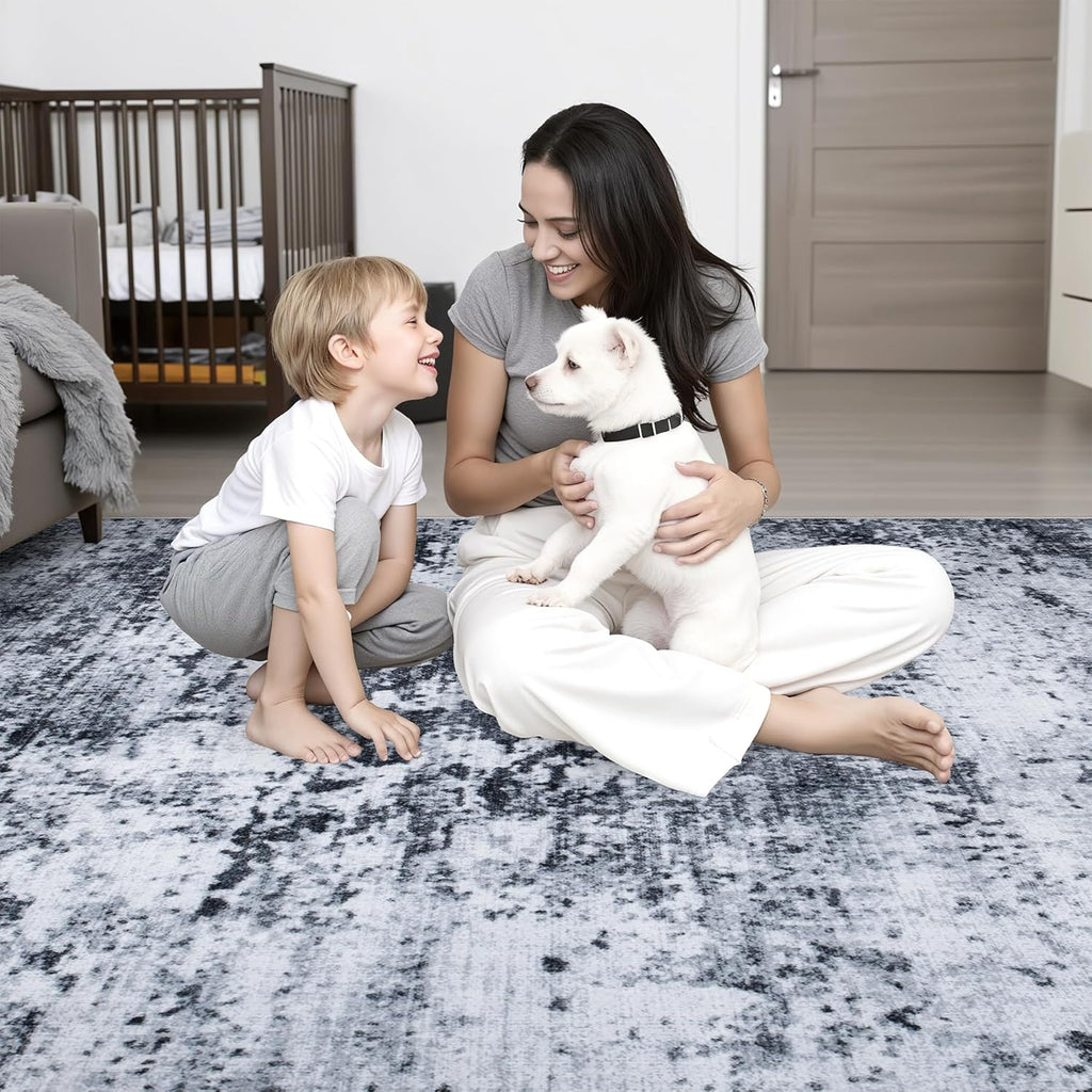 Skiennix 5x7 Area Rug - Washable Modern Abstract Design | Soft, Stain-Resistant Carpet for Living Room, Bedroom, Office - Black
