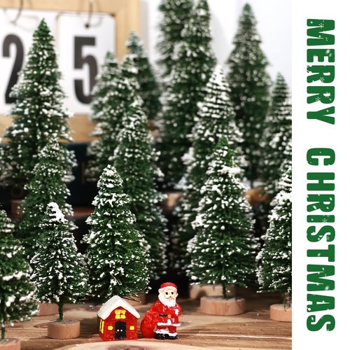 30pcs Mini Christmas Trees, Artificial Christmas Pine Tree Mini Bottle Brush Trees Tabletop, Small Sisal Trees with Wooden Bases, Xmas Holiday Home Decor (Green-A)