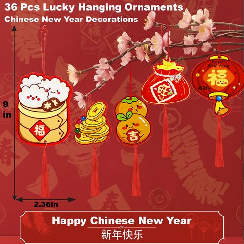 Valauni 36Pcs Chinese New Year Decorations 2026 Lucky Hanging Ornaments Fu Knot Pendants Lunar New Year of The Horse Decoration for Home Office Tree Wall Party Spring Festival Chinese New Year Decor