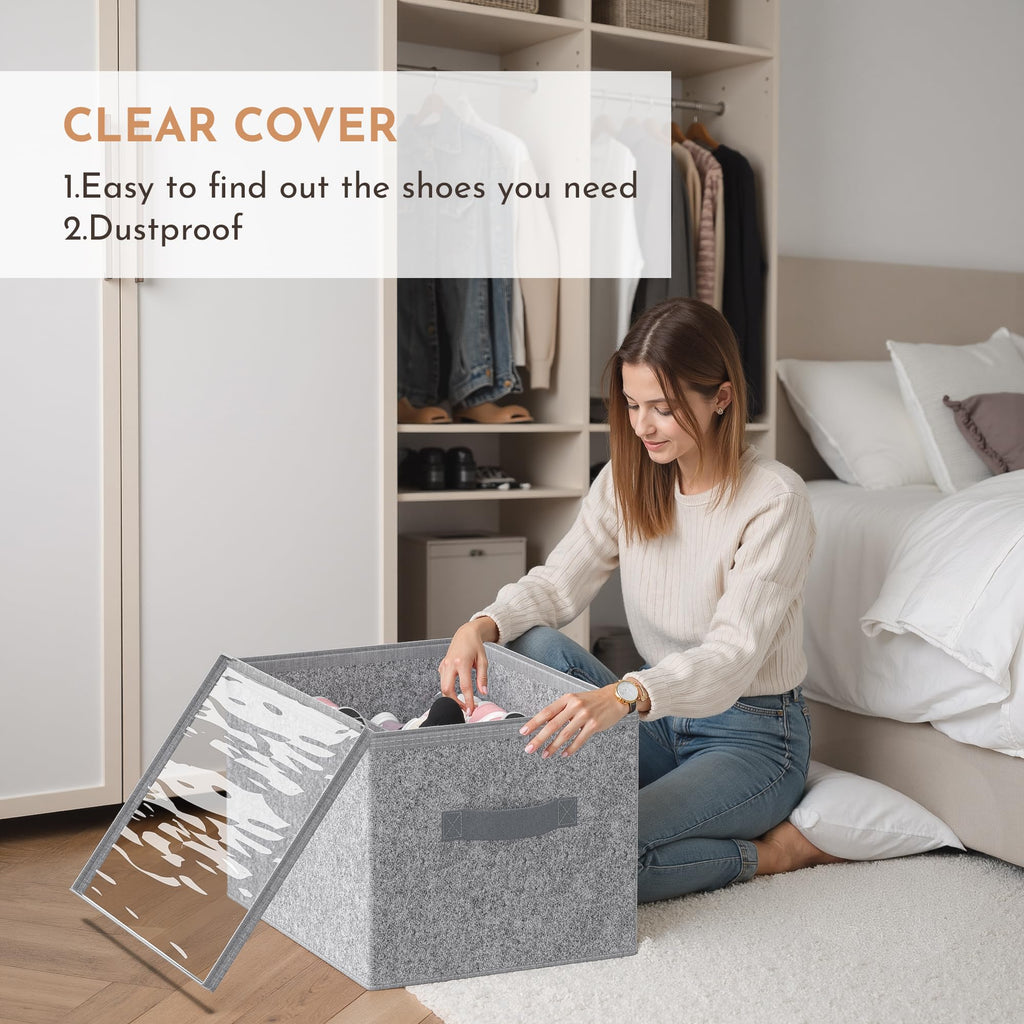 PENGLONG Adjustable Storage Bins for Closet, Wardrobe Clothes Organizer, Shoe Bin, Shoe Organizer, Toys, Closet Storage Solution with Clear Window (PP Board Grey 24Pairs, 24Pairs)