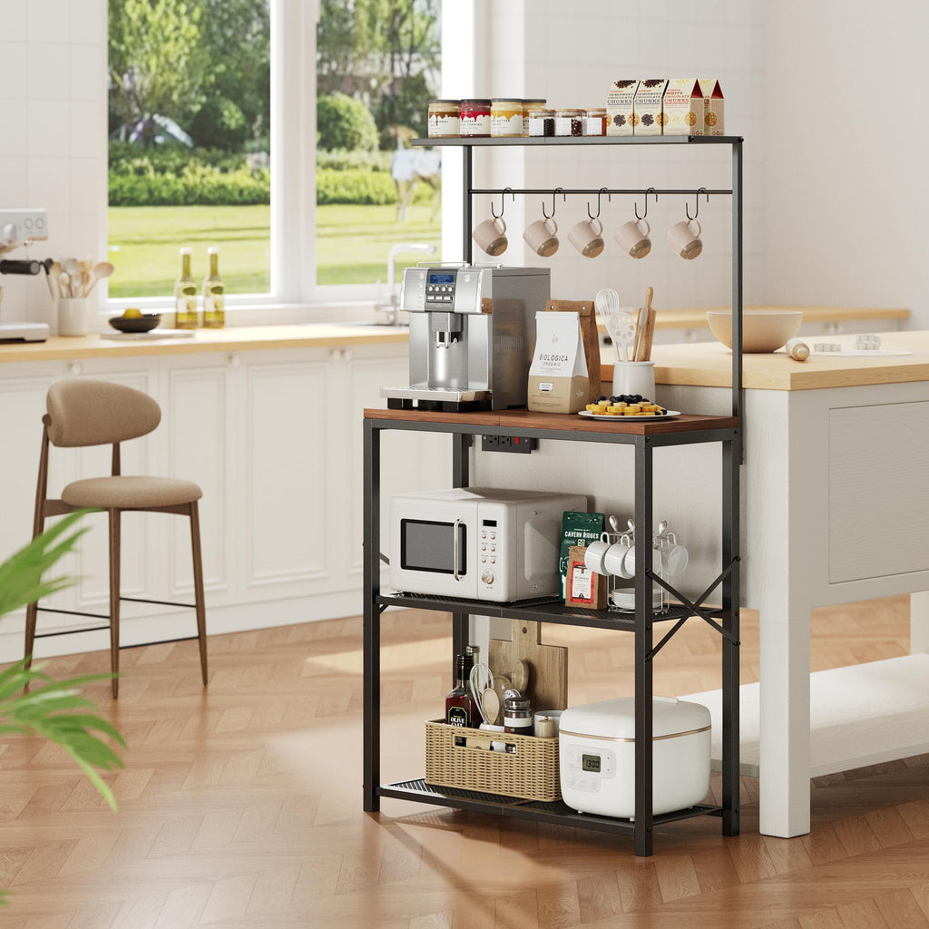 Txecpro kitchen Bakers Rack with Power Outlet, Coffee Bar Table 4 Tiers, Microwave Stand with 6 S-shaped Hooks, Kitchen Storage Shelf Rack for Spices, Pots and Pans，25.6" L x 12" W x 53.5" H