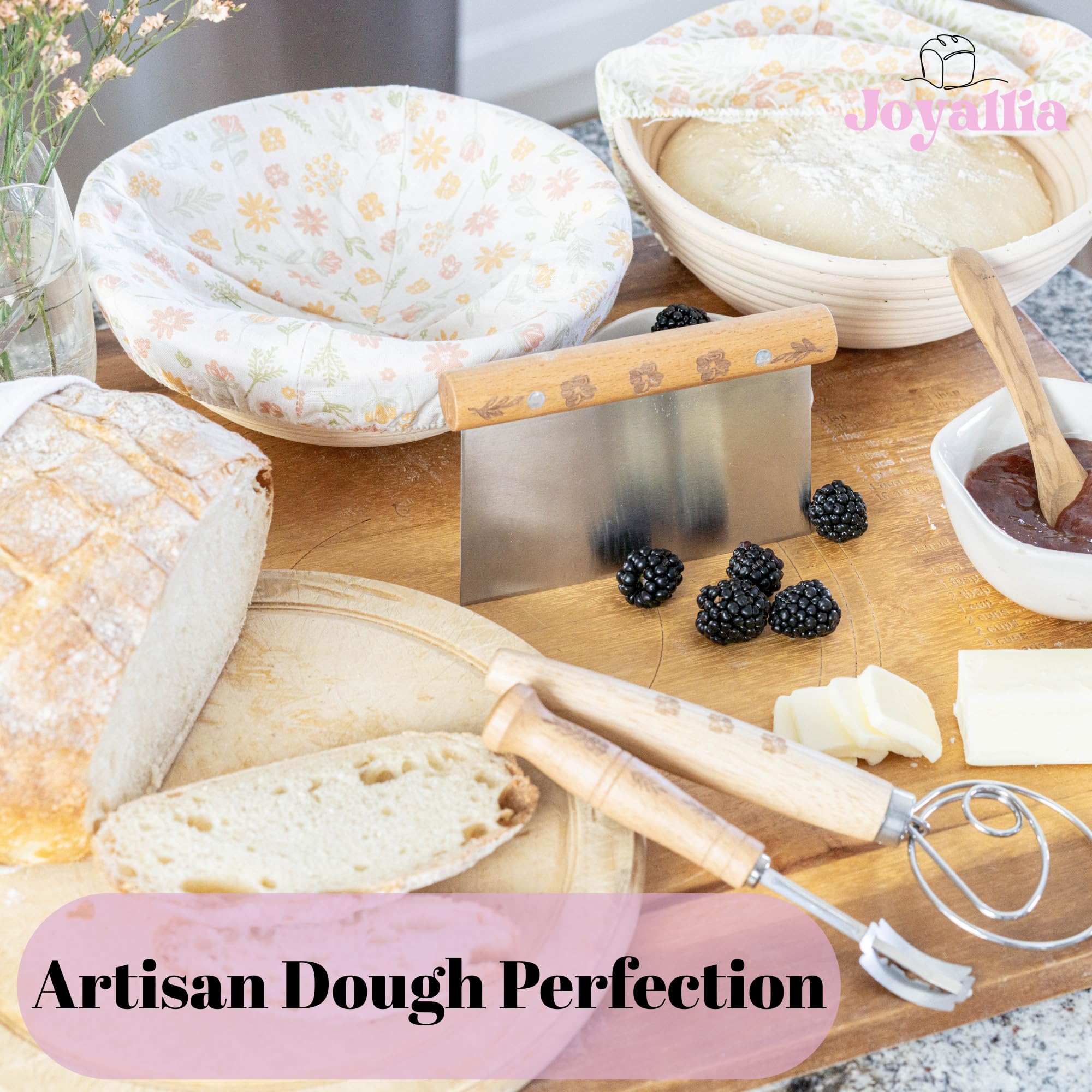 Joyallia Banneton Bread Proofing Basket Set of 2-9” Oval Sourdough Baskets with Liners & Scraper - Artisan Bread Proofing Kit for Home Baking - Ideal for Sourdough Lovers