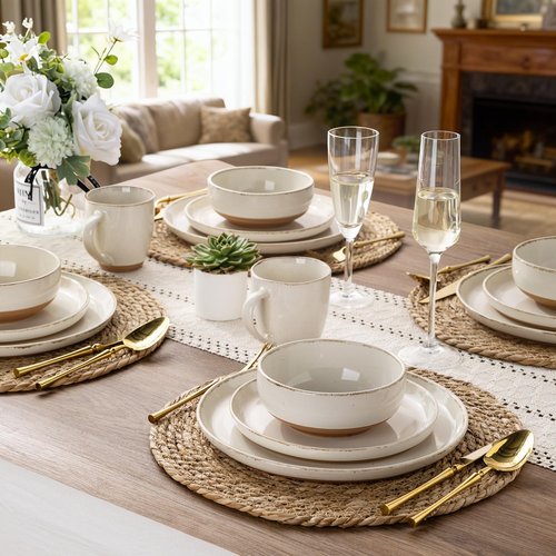AmorArc 18 Pieces Ceramic Dinnerware Sets for 6, Handpainted Stoneware Plates and Bowls Set with Rustic Terracotta Underside, Scratch Resistant Dishes Set, Dishwasher & Microwave Safe