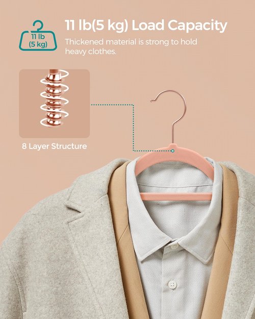 SONGMICS Velvet Hangers, Set of 60 Clothes Hanger with Rose Gold Swivel Hook, Non-Slip, and Space-Saving, 0.2-Inch Thick, 17.1-Inch Long for Coat, Shirt, Dress, Pants, Tie, Coral Pink UCRF0021R01