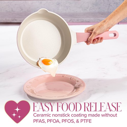 Paris Hilton Ceramic Cast Aluminum Nonstick Fry Pan, Fast & Even Heating with Easy Pour Spouts & Comfort-Grip Handle, 8-Inch, Pink